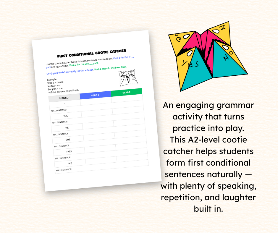 Grammar activity sheet with colorful cootie catcher on a white background